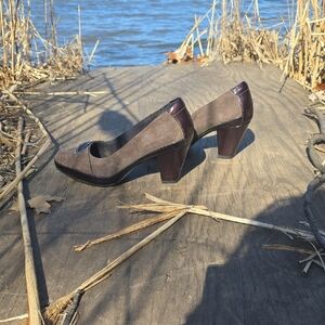 Clarks Taupe Suede and Dark Brown Heel Pumps